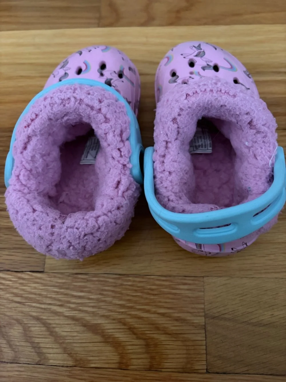 Kids Pink Unicorn  Clog with Light Blue Strap and Plush Lining